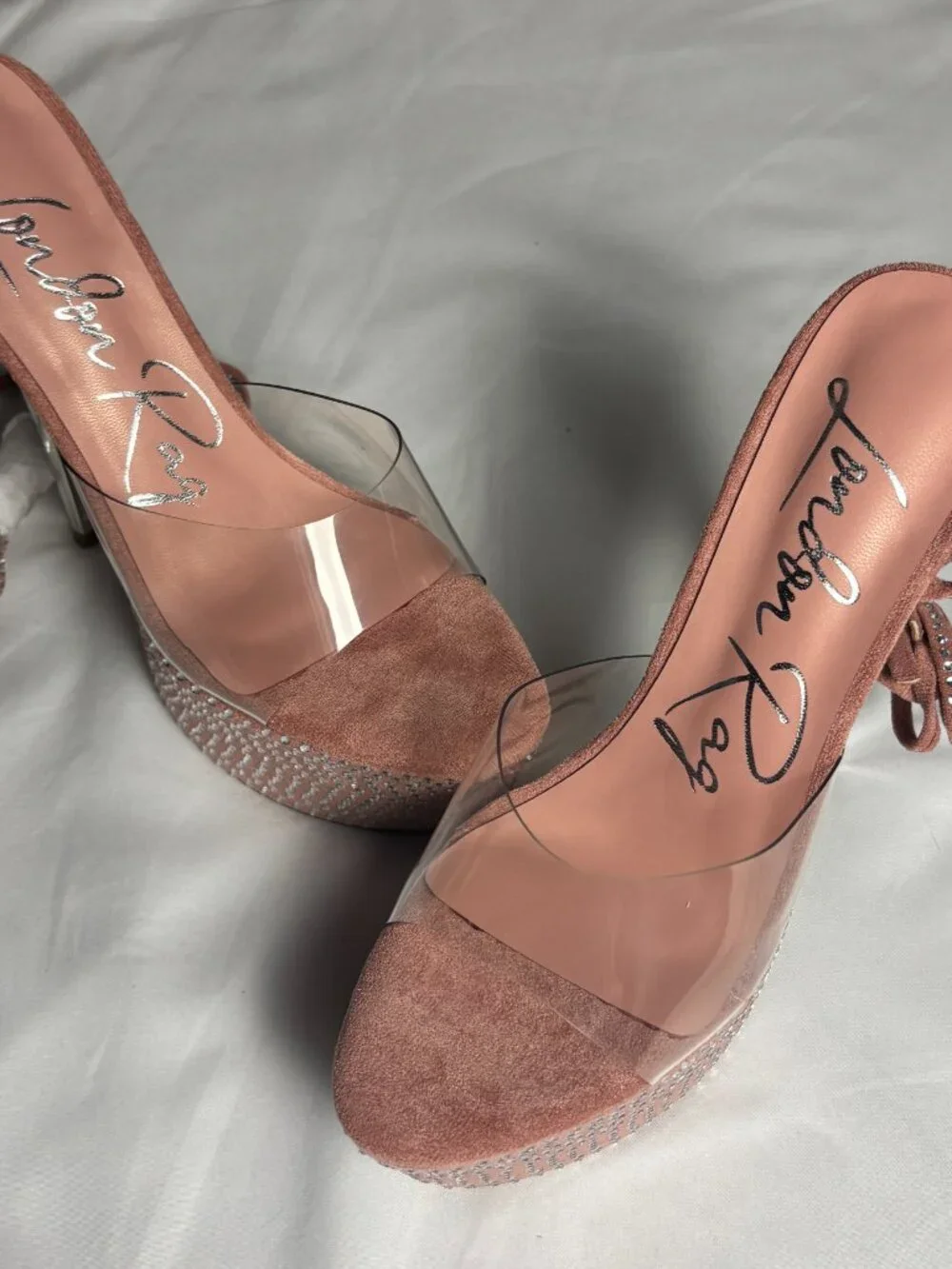 London Rag Pink Rhinestone Platform Clear Strap Stiletto Heels | Size US 7 NWT